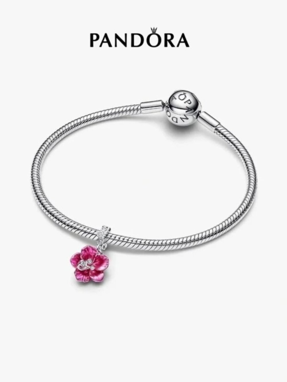 Pandora Silver Bracelet with Pink Enamel Flower Charm